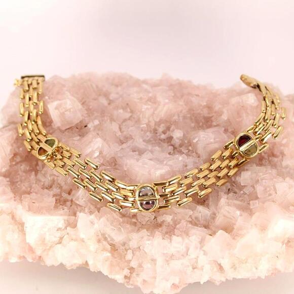 Vintage 14kt Yellow Gold Gemstone Bezel Set Panther Link Bracelet 7.25" - Picture 2 of 7